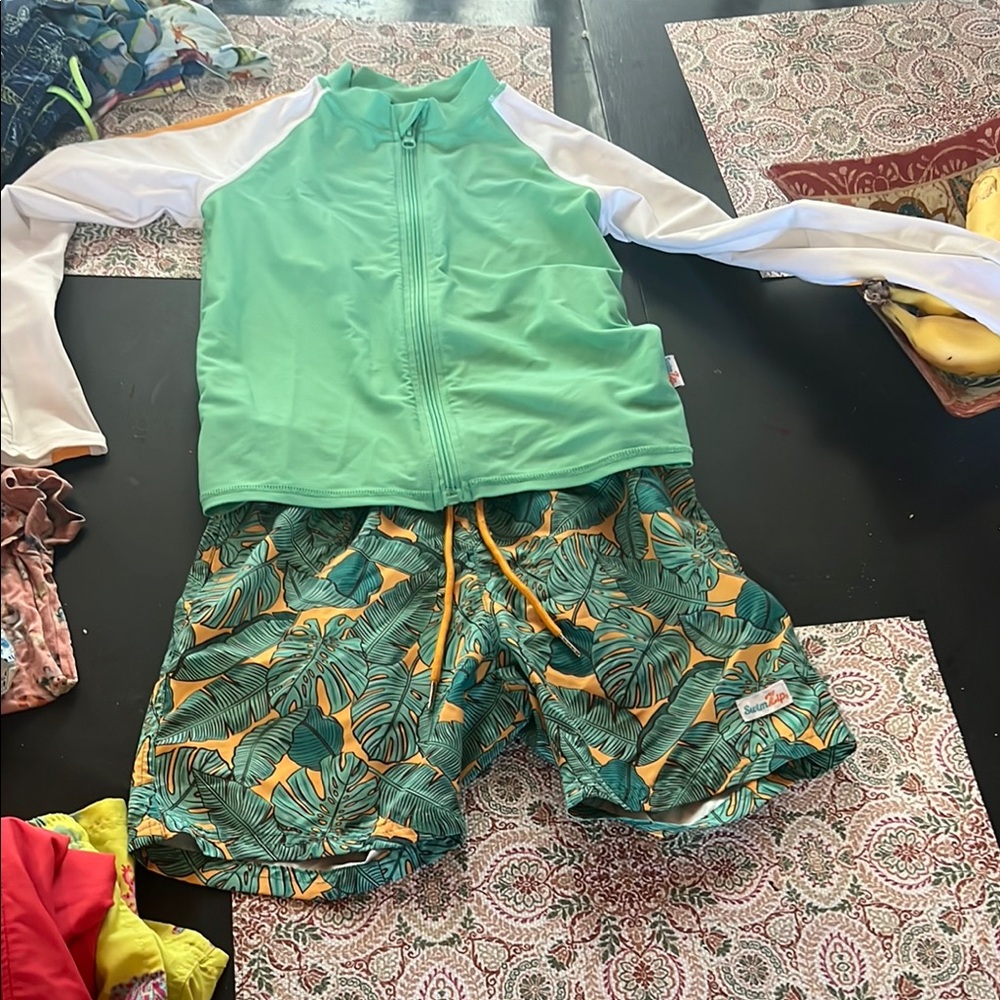 SwimZip Green and White Zip-Up Jacket with Tropical Print Shorts